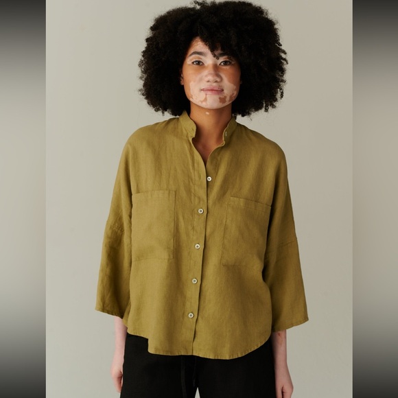 LINENFOX Hana Olive Linen Shirt - Dropped Shoulder Oversized Linen Shirt XSmall - Picture 1 of 11